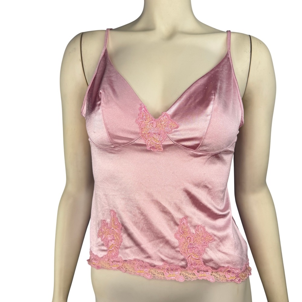 Vintage Pink Satin‎ Lace Trim Cami Top Sleeveless Floral Applique Coquette L
